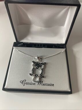 Genuine Marcasite Black Owl Pendant Necklace